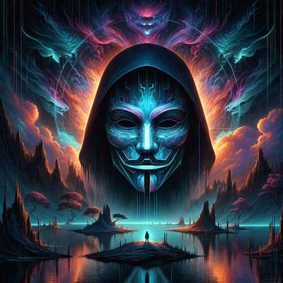 The primary subject of the image is a masked figure, possibly a person wearing a Guy Fawkes mask, standing on a hill overlooking a body of water. The setting includes a forest in the background, adding to the overall atmosphere of the scene. The visual style of the image is digital art, with a vibrant color palette that enhances the mood of the piece.
